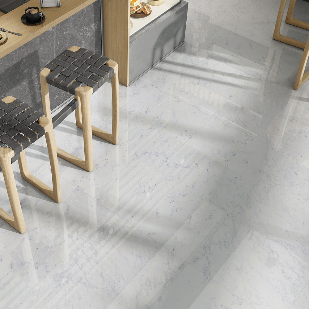 Carrara Blanco Polished Marble Look Porcelain Tile