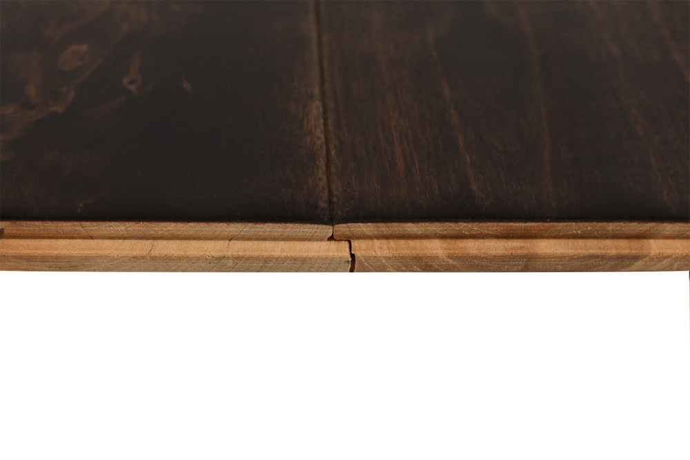 Close-up of Maple Distressed/Handscraped Solid Hardwood Flooring Planks, 3/4 x 5 inches, in a rich Walnut finish, showcasing its natural texture and warmth.