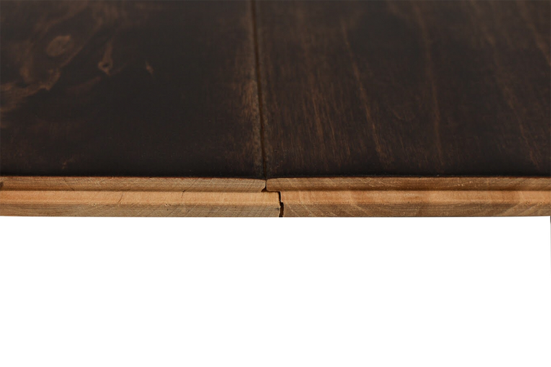 Close-up of Maple Distressed/Handscraped Solid Hardwood Flooring Planks, 3/4 x 5 inches, in a rich Walnut finish, showcasing its natural texture and warmth.