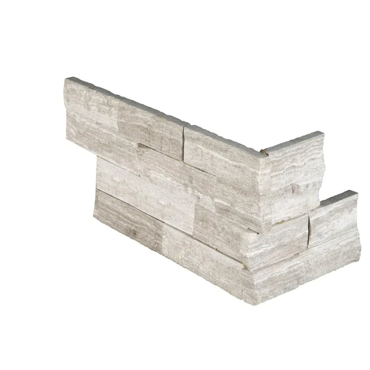 White oak splitface ledger corner 6X18 natural marble wall tile LPNLMWHIOAK618COR product shot multiple tiles close up view