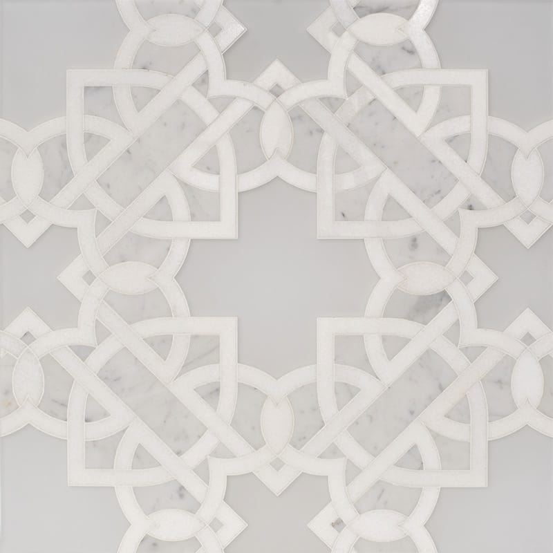 Thassos White, Pura Glass, White Carrara Multi Finish Isabella Marble Mosaic