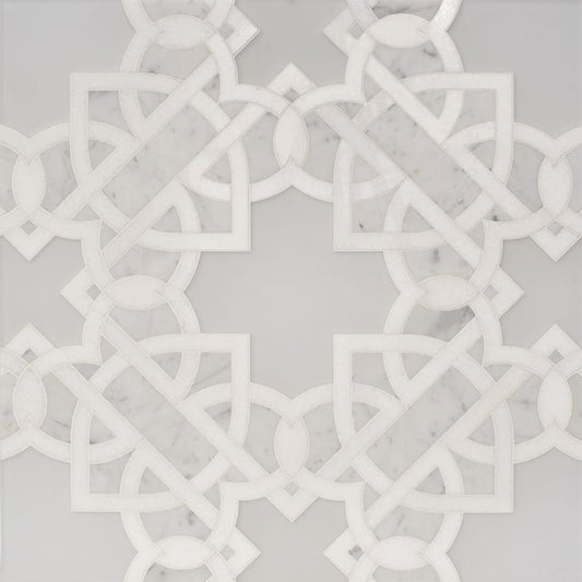 Thassos White, Pura Glass, White Carrara Multi Finish Isabella Marble Mosaic