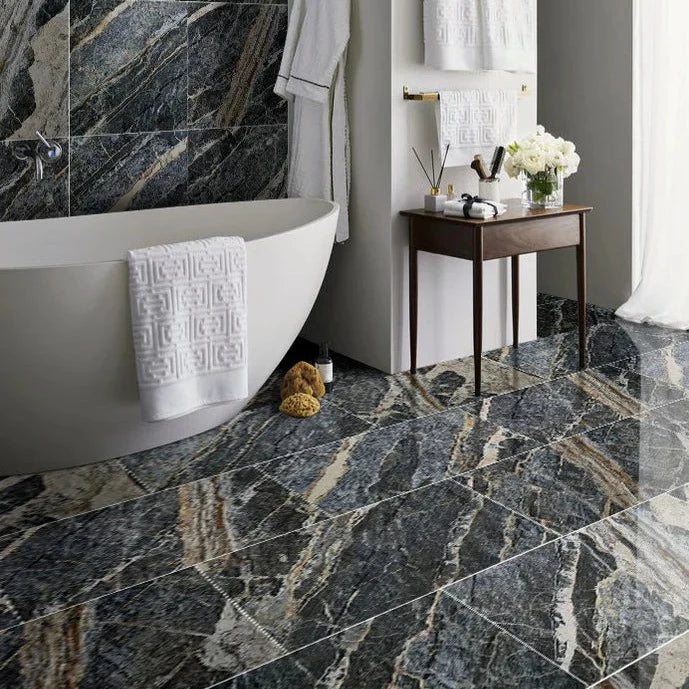 adriatic black exotic marble 18x36 polsihed installed bathroom floor wall