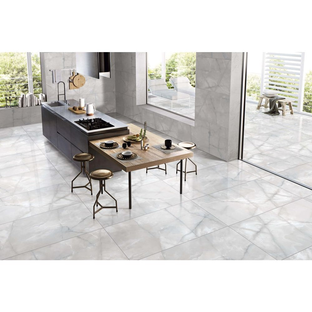 Anka beykoz glossy porcelain wall and floor tile grey rectified size 24"x48" Installed view of Beykoz tiles.