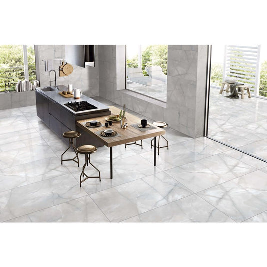 Anka beykoz glossy porcelain wall and floor tile grey rectified size 24"x48" Installed view of Beykoz tiles.