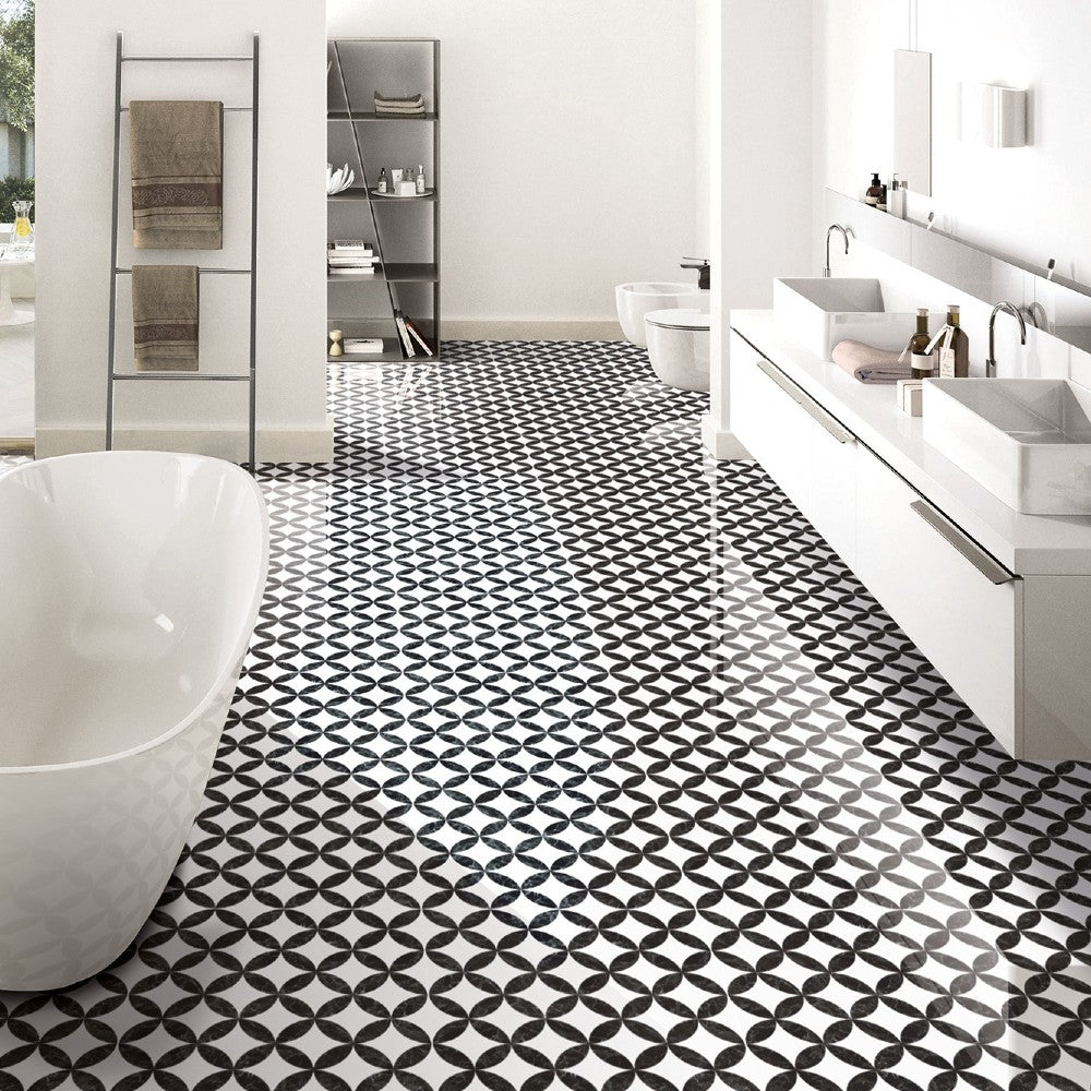 Anka dante black glossy rectified wall and floor tile size 24"x24" SKU-170021 Installed view of black Dante tile