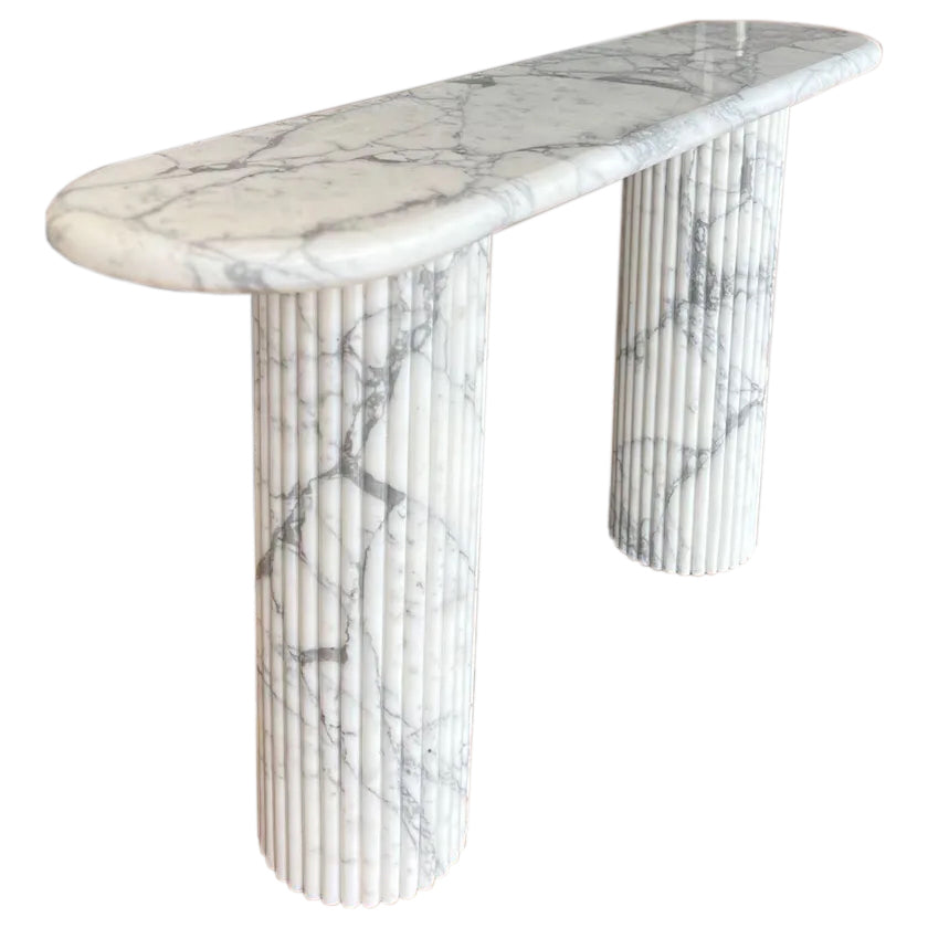 Arabescato Carara Marble Fluted Legs Designer ConsolePolished (W)16" (L)63" (H)34" angle view