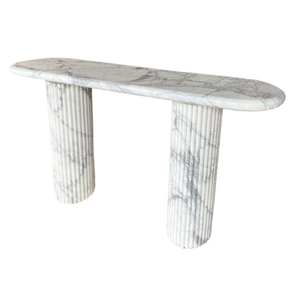 Arabescato Carara Marble Fluted Legs Designer ConsolePolished (W)16" (L)63" (H)34" angle view