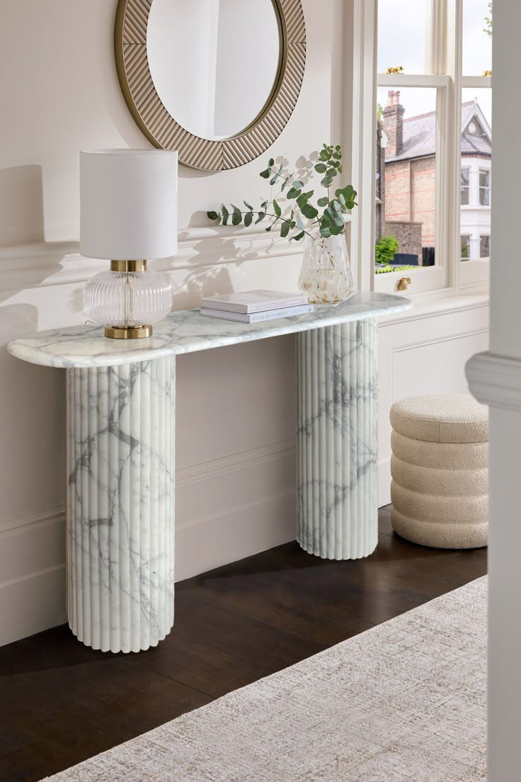 Arabescato Carara Marble Fluted Legs Designer Console Polished (W)16" (L)63" (H)34" installed magazines on top wood floors