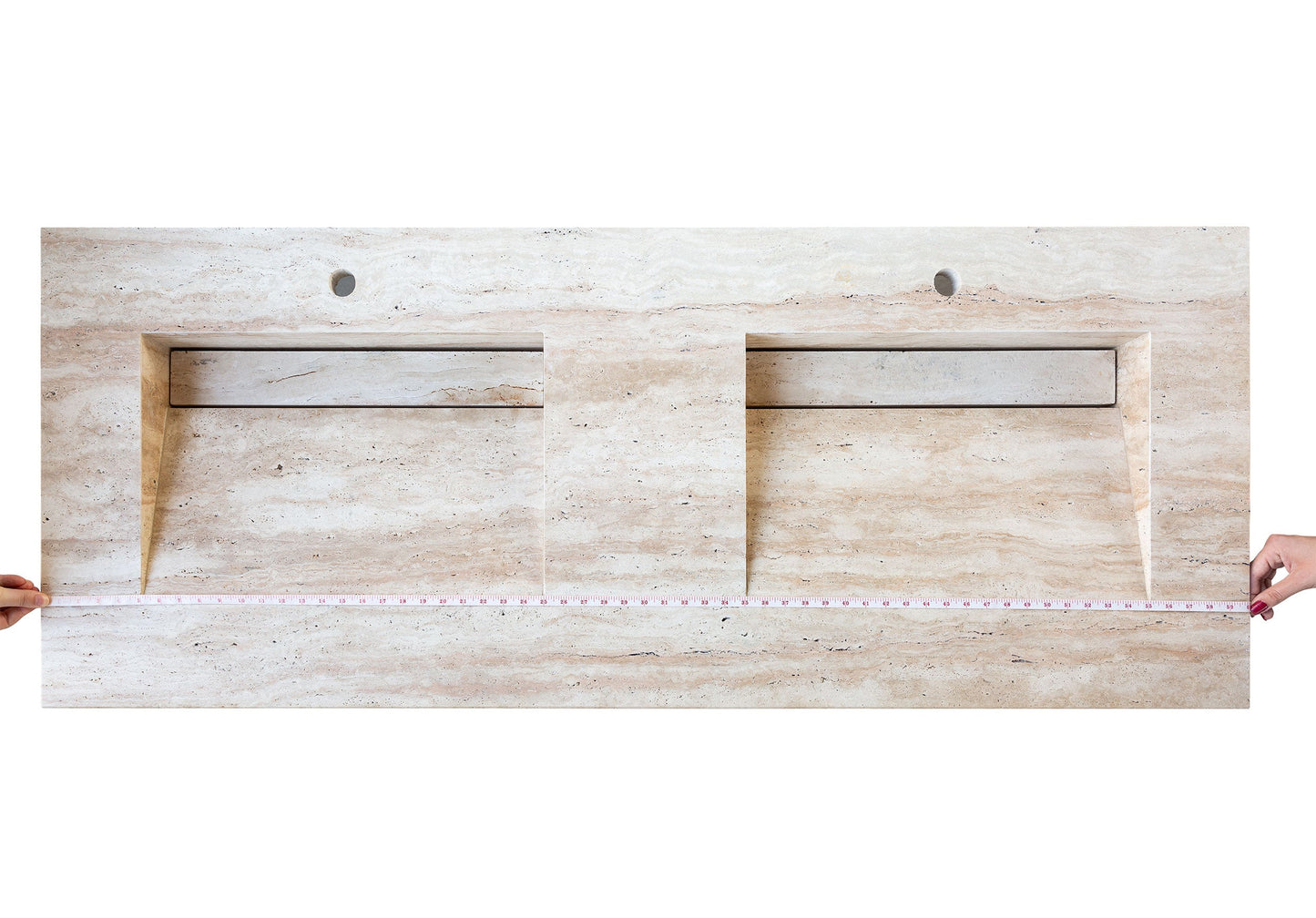 Beige Vein-Cut Travertine Double Bathroom Vanity Top Sink - (W)23" (L)60" (H)5.5"
