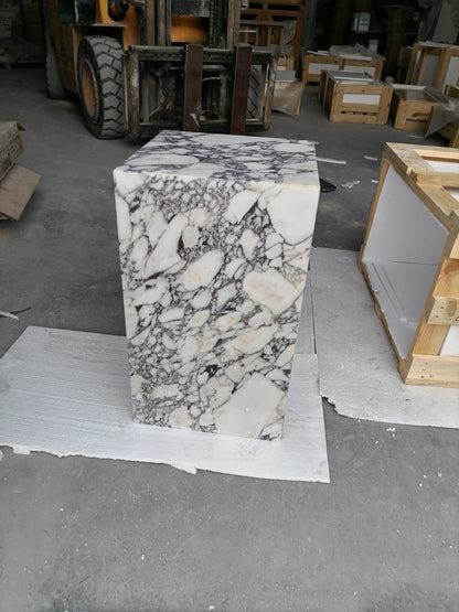 calacatta viola marble side table nightstand square top cube design W14 L14 H22 side view