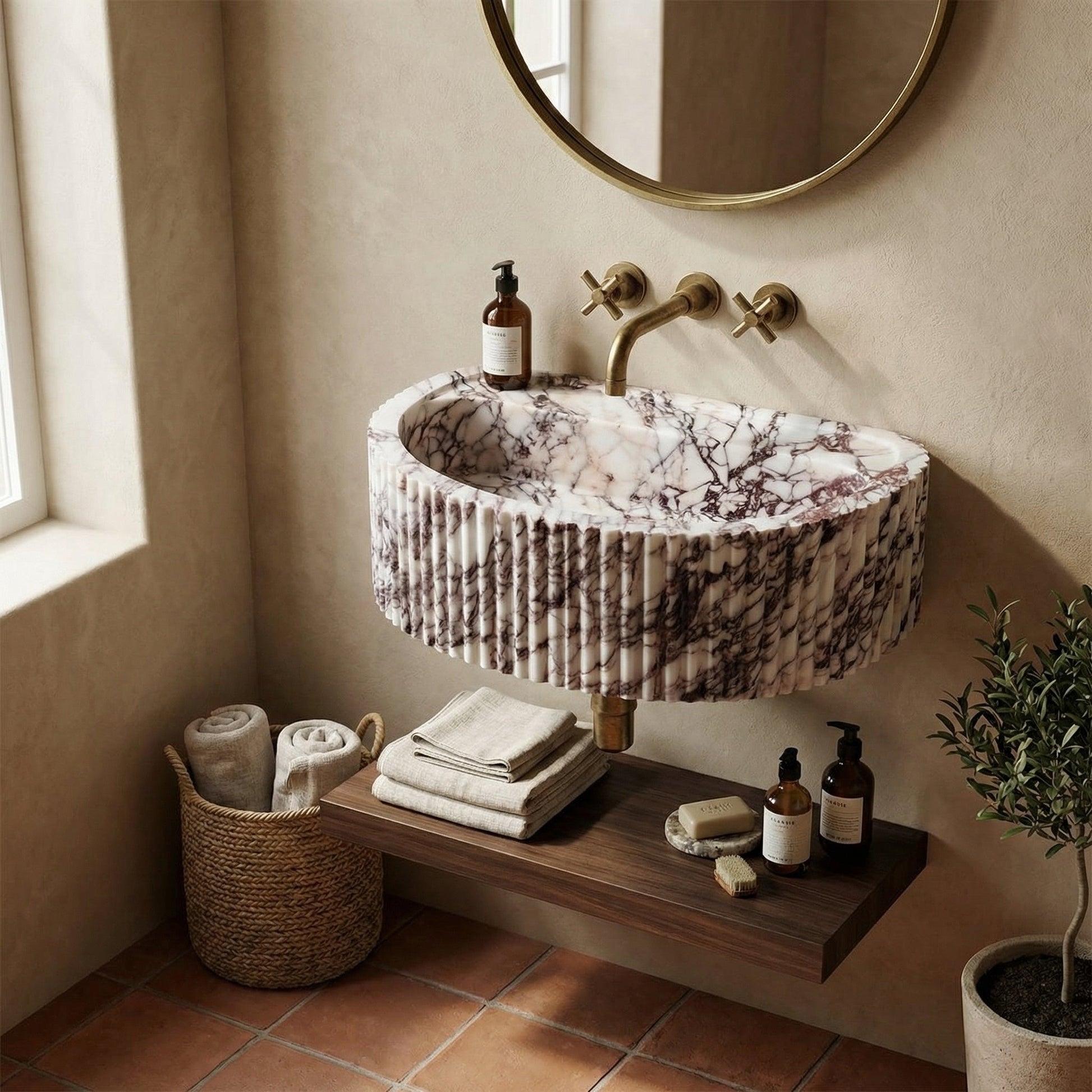 Bathroom with a marble-patterned sink, wooden shelf, and decorative elements. Calacatta Viola Marble Wall-Mount Fluted Half-Round Bathroom Sink (W)16" (L)24" (H)8"