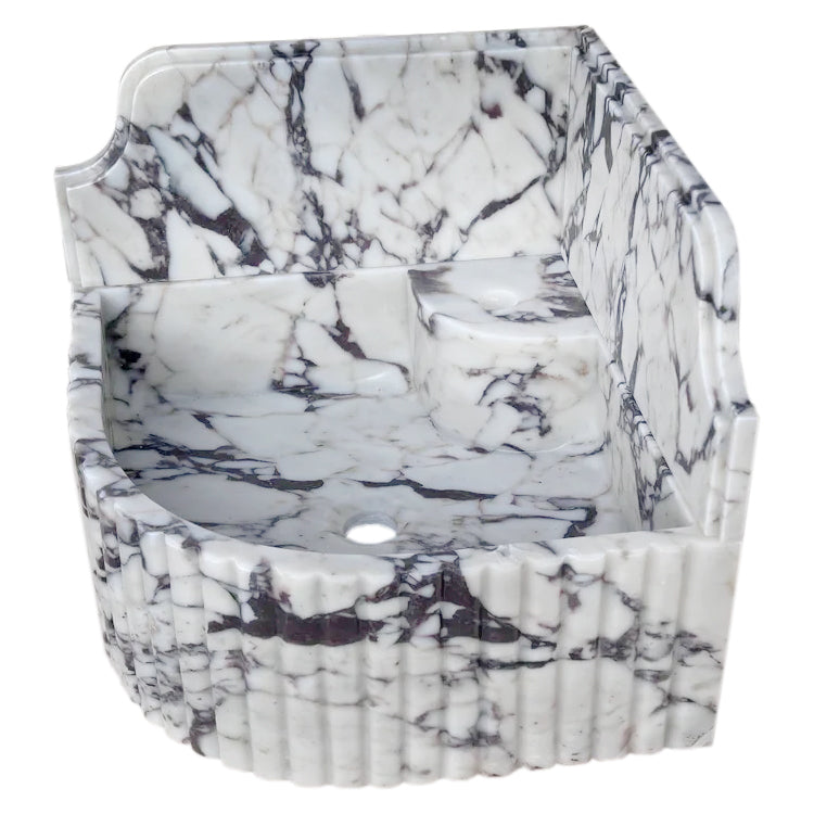 Calacatta Viola Marble Wall-mount Bathroom Corner Sink Fluted with 8" Backsplash (W)16" (L)16" (H)8" profile view