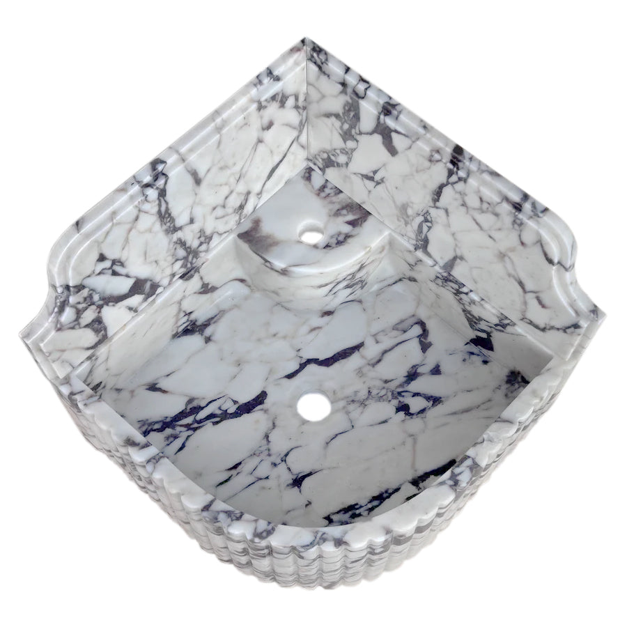 Calacatta Viola Marble Wall-mount Bathroom Corner Sink Fluted with 8" Backsplash (W)16" (L)16" (H)8" top view