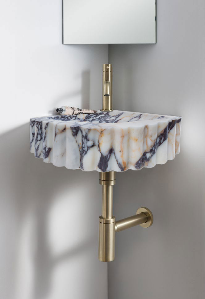 Calacatta Viola Marble Wall-mount Bathroom Corner Vanity Sink Ribbed (W)20" (L)20" (H)7"
