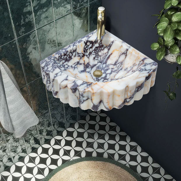 Calacatta Viola Marble Wall-mount Bathroom Corner Vanity Sink Ribbed (W)20" (L)20" (H)7"