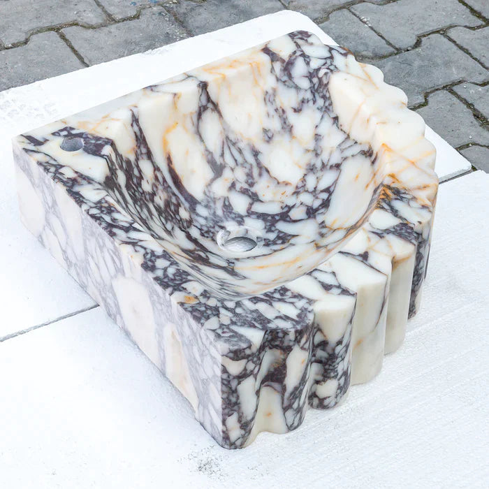 Calacatta Viola Marble Wall-mount Bathroom Corner Vanity Sink Ribbed (W)20" (L)20" (H)7"