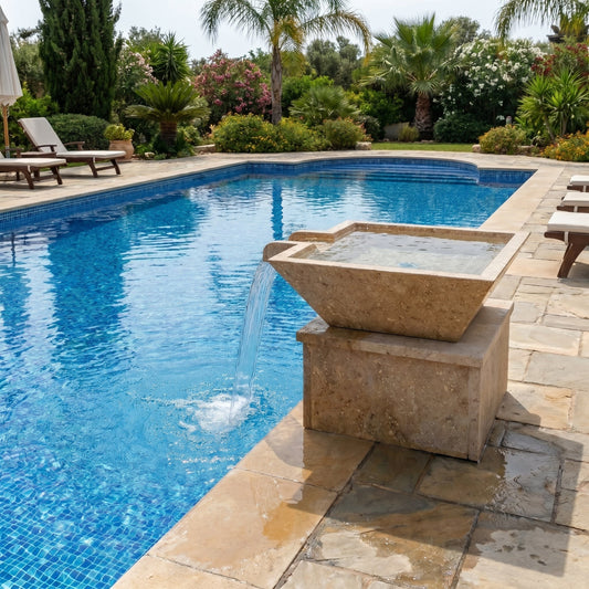 Pool area with a water feature and lounge chairs in a garden setting. Aspendos Travertine Natural Stone Pool Square Poolwok with Lip