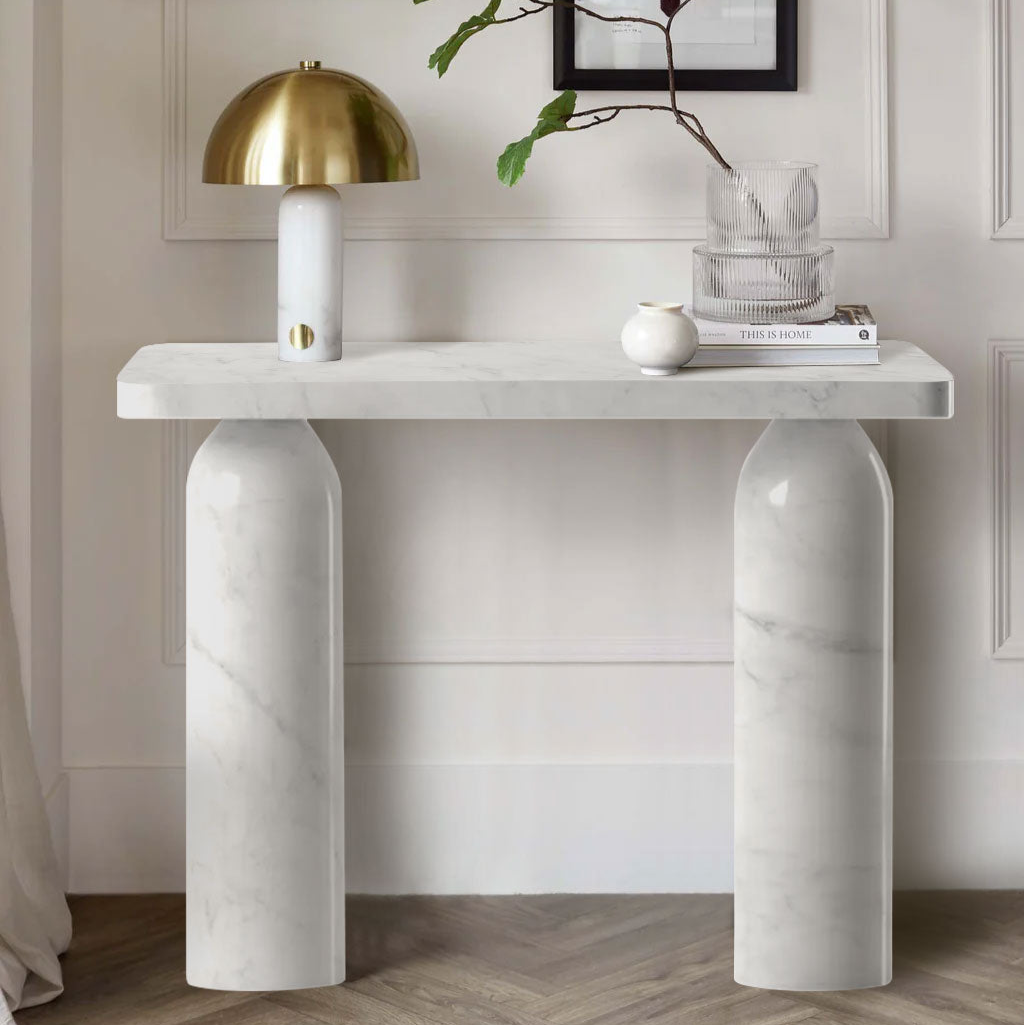 Linea Marble Console Carrara White Marble Designer Round Legs Console Polished (W)15 (L)40 ...