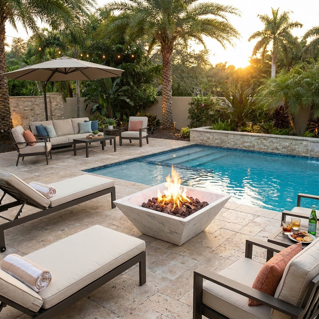 Outdoor patio with pool, lounge chairs, and fire pit during sunset. Turkish Carrara White Marble Natural Stone Fire Pit