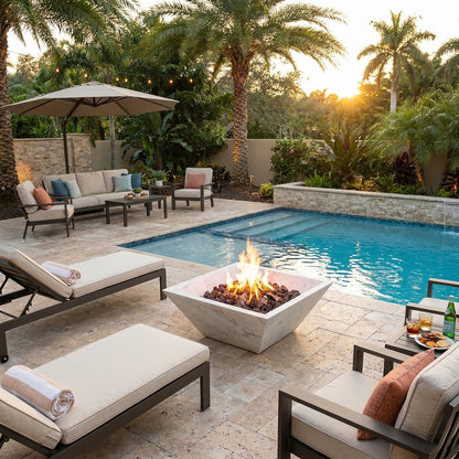 Outdoor patio with pool, lounge chairs, and fire pit during sunset. Turkish Carrara White Marble Natural Stone Fire Pit