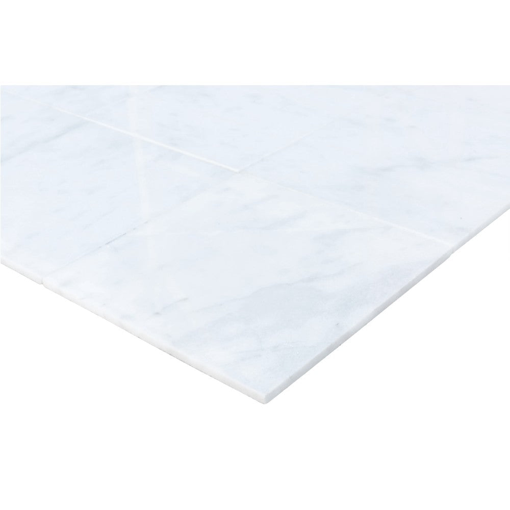carrara white marble tile size 12"x12"x3/8" (30.5cmx30.5cm) surface polished edge beveled SKU-10086379 product shot thickness view
