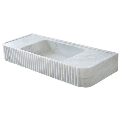 Carrara White Marble Wall-mount Bathroom Vanity Sink Fluted (W)16" (L)40" (H)6" polished profile view