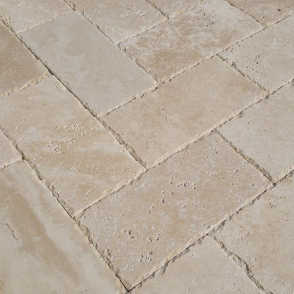 classic light Beige travertine pavers surface honed size6"x12"-thickness-1 1/4"-edge-chiseled-SKU-20020078 close up view of product