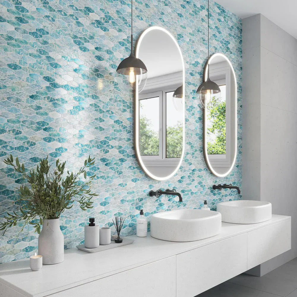 Aqua 11x12 Matte Elongated Hexagon Glass Mosaic Tile (10 pack, 8.6 sq ft/case) - Sample
