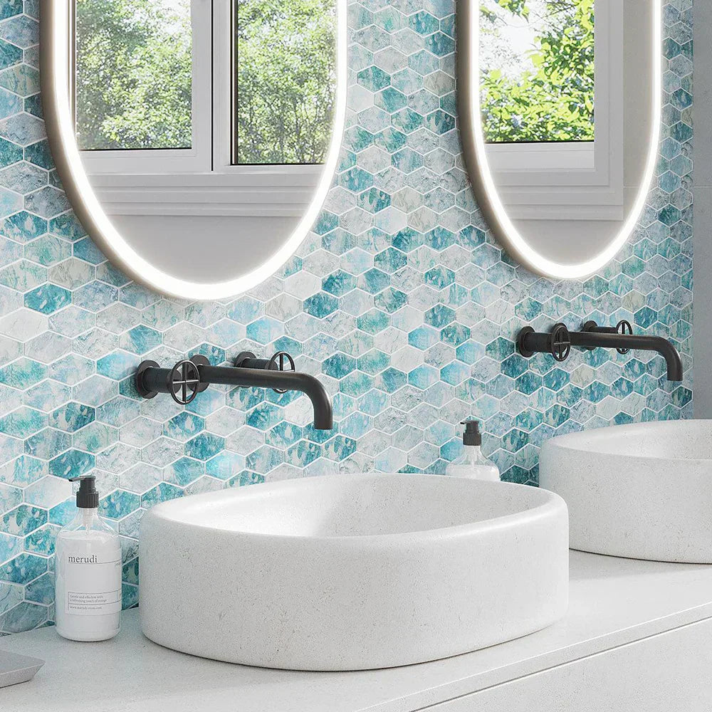 Aqua 11x12 Matte Elongated Hexagon Glass Mosaic Tile (10 pack, 8.6 sq ft/case) - Sample