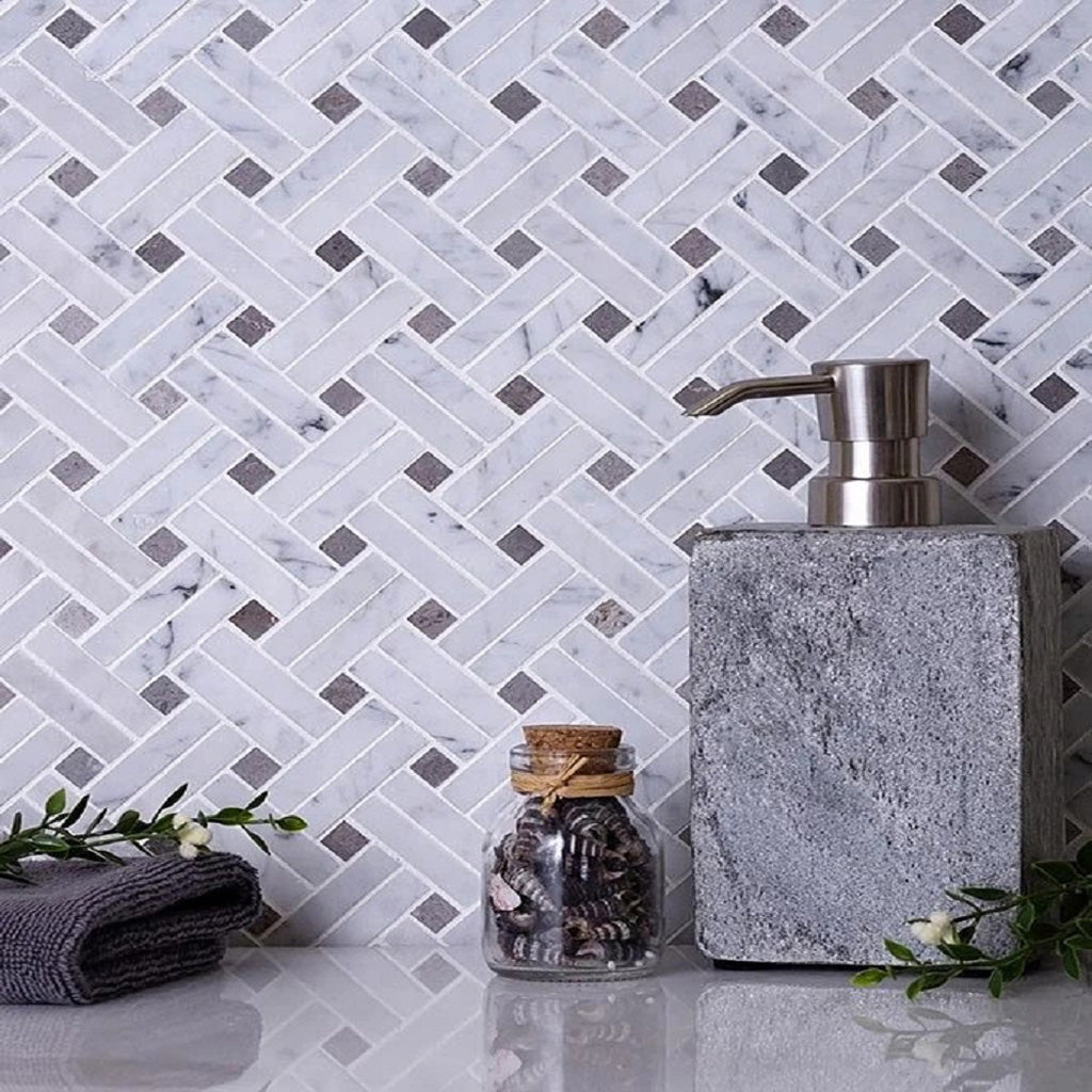 Bianco Carrara, Eastern Beige 11x11 Polished Basketweave Marble Mosaic Tile (5 pack, 4.47 sq ft/case)
