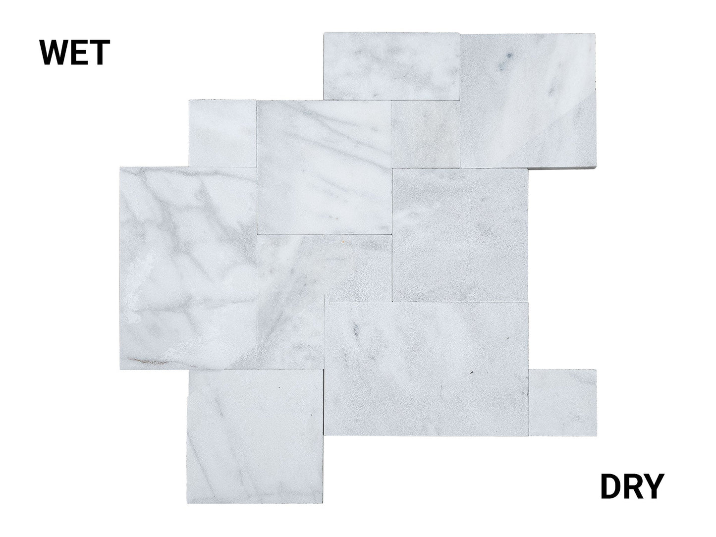 Marble tiles showing difference between wet and dry conditions on a white background. Turkish Carrara White Marble Sand-Blasted Pavers