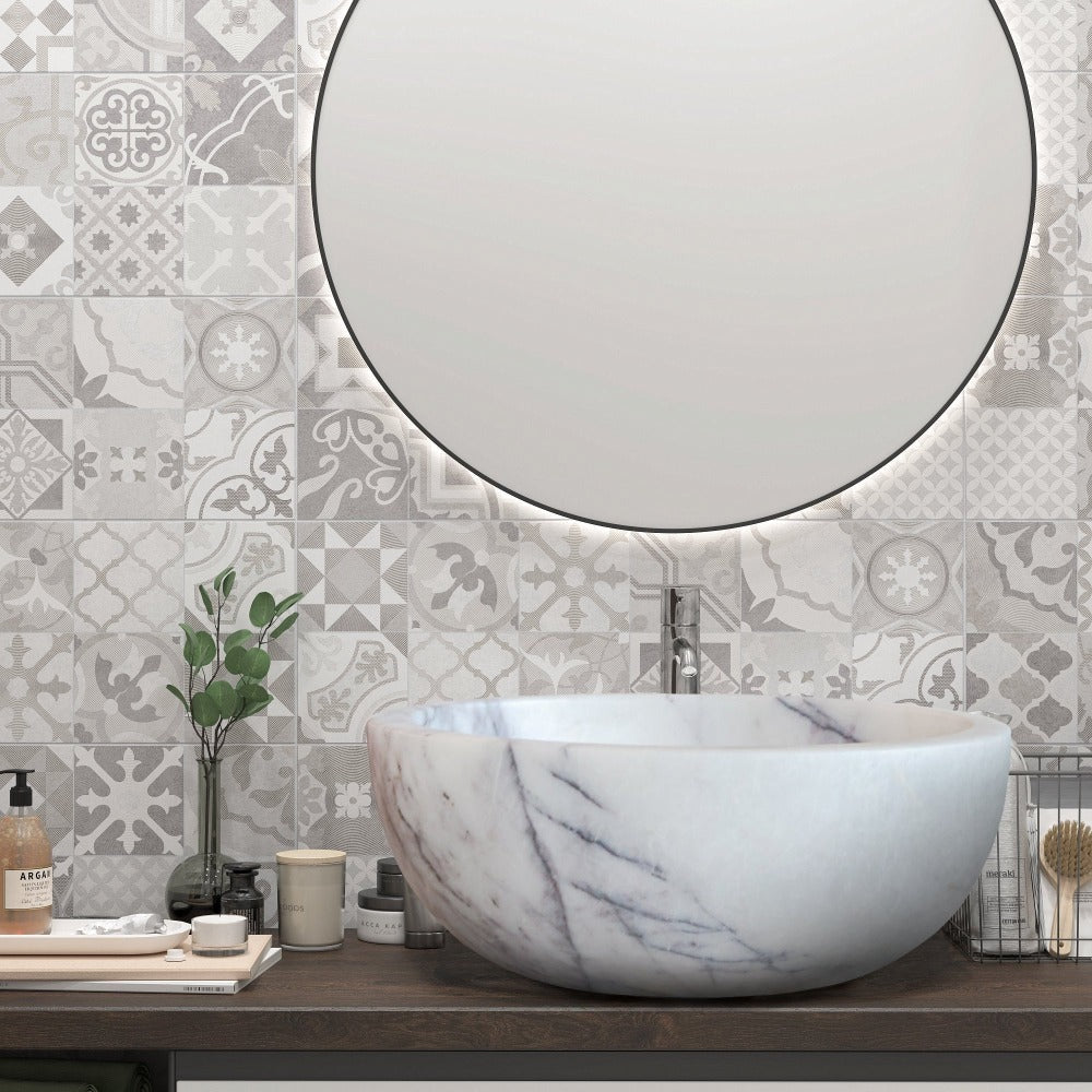 natural stone new york white marble round vessel sink polished SKU  NTRVS40 Size (D)12" (H)5" installed in bathroom  