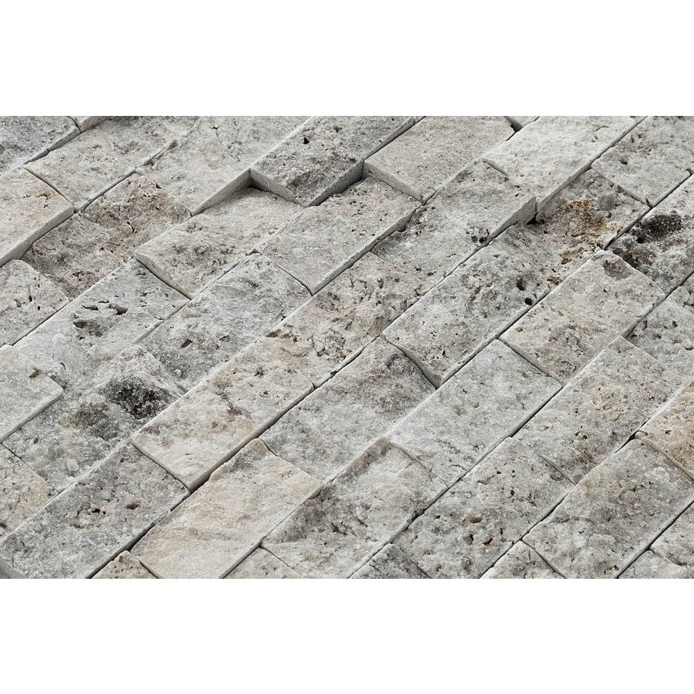 natural stone 1x2 split face mosaic light silver travertines SKU-20012364 close view