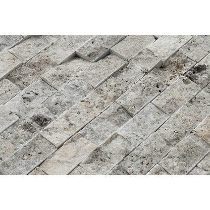 natural stone 1x2 split face mosaic light silver travertines SKU-20012364 close view