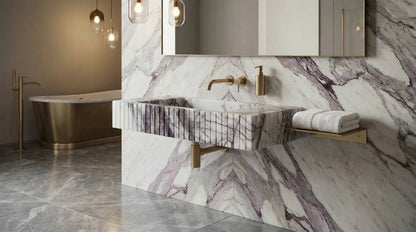 Modern bathroom with marble sink and bathtub New York Marble Wall-mount Bathroom Sink Fluted Front (W)12" (L)20" (H)5" wide view