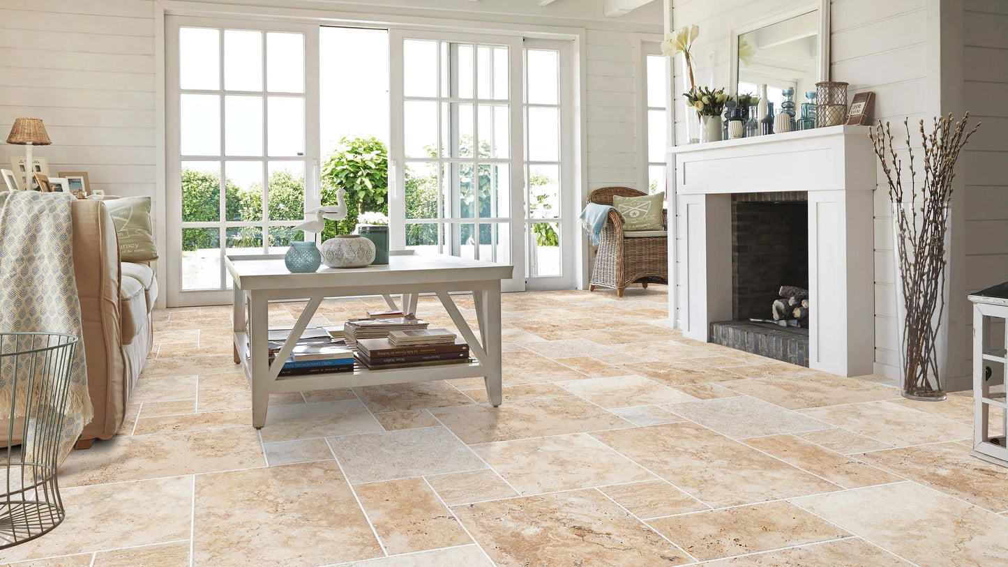 Olympus Beige French Pattern Set Brushed and Chiseled Travertine Tiles