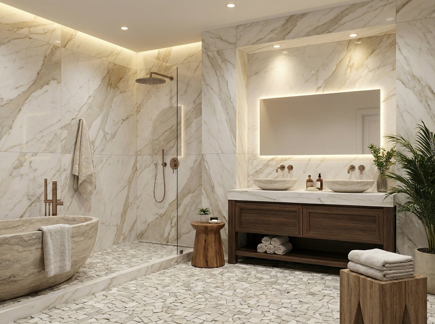 Modern bathroom with marble walls, wooden vanity, and shower area. Palissandro Marble Palladiana Honed on 12" x 12" Mesh Mosaic Tile