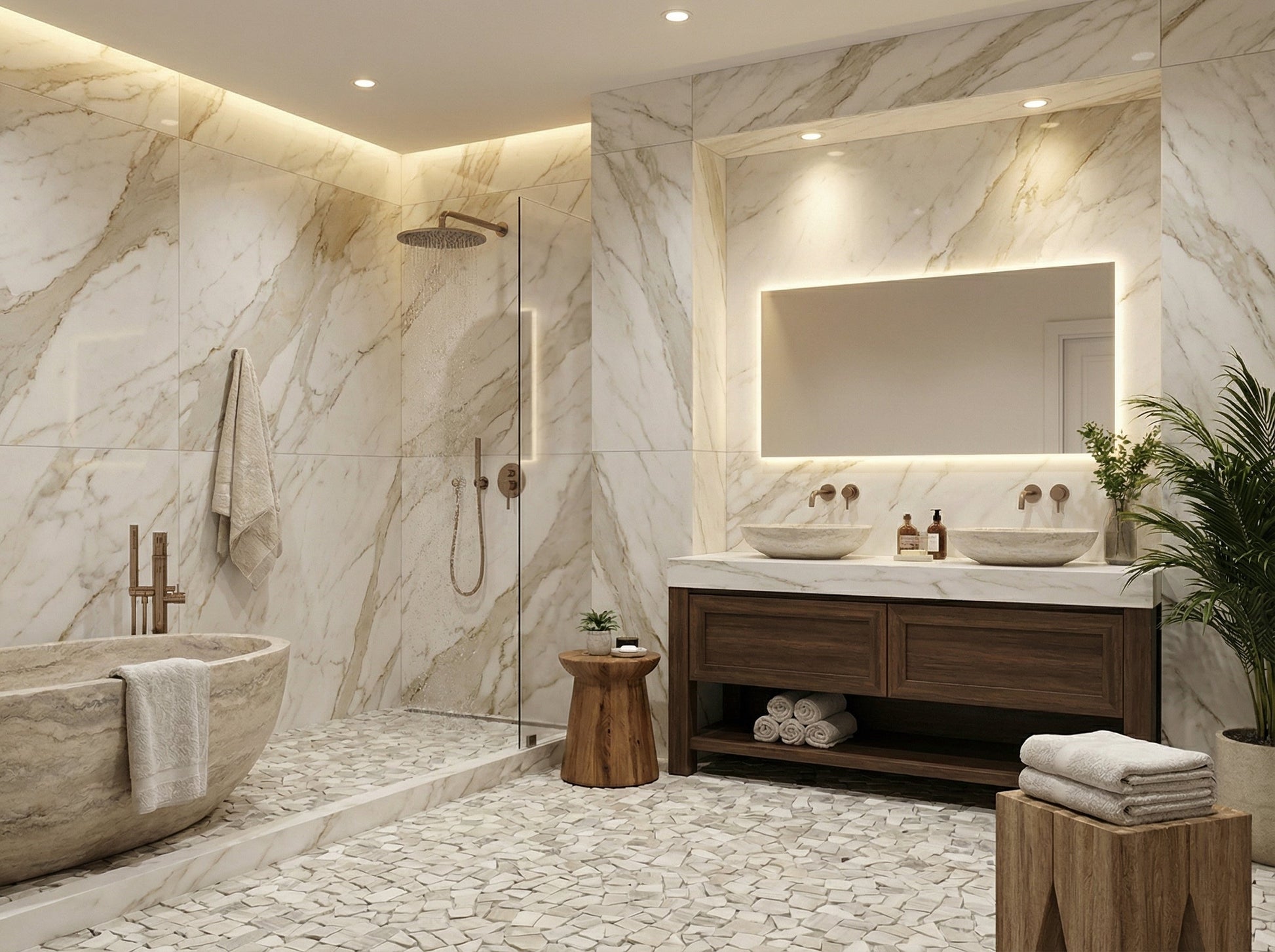 Modern bathroom with marble walls, wooden vanity, and shower area. Palissandro Marble Palladiana Honed on 12" x 12" Mesh Mosaic Tile