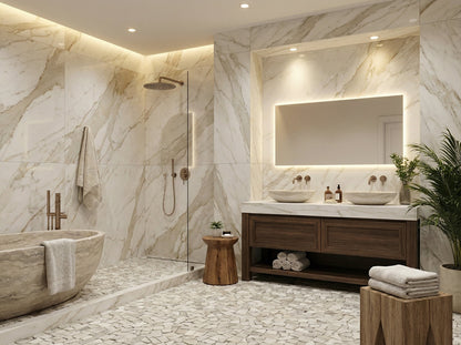 Modern bathroom with marble walls, wooden vanity, and shower area. Palissandro Marble Palladiana Honed on 12" x 12" Mesh Mosaic Tile