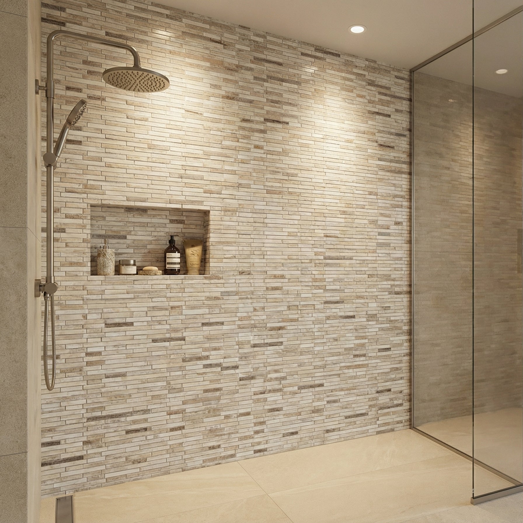Modern bathroom shower with tiled wall and glass door Palissandro Marble Linear Honed on 12" x 12" Mesh Mosaic Tile