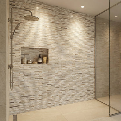 Modern bathroom shower with tiled wall and glass door Palissandro Marble Linear Honed on 12" x 12" Mesh Mosaic Tile
