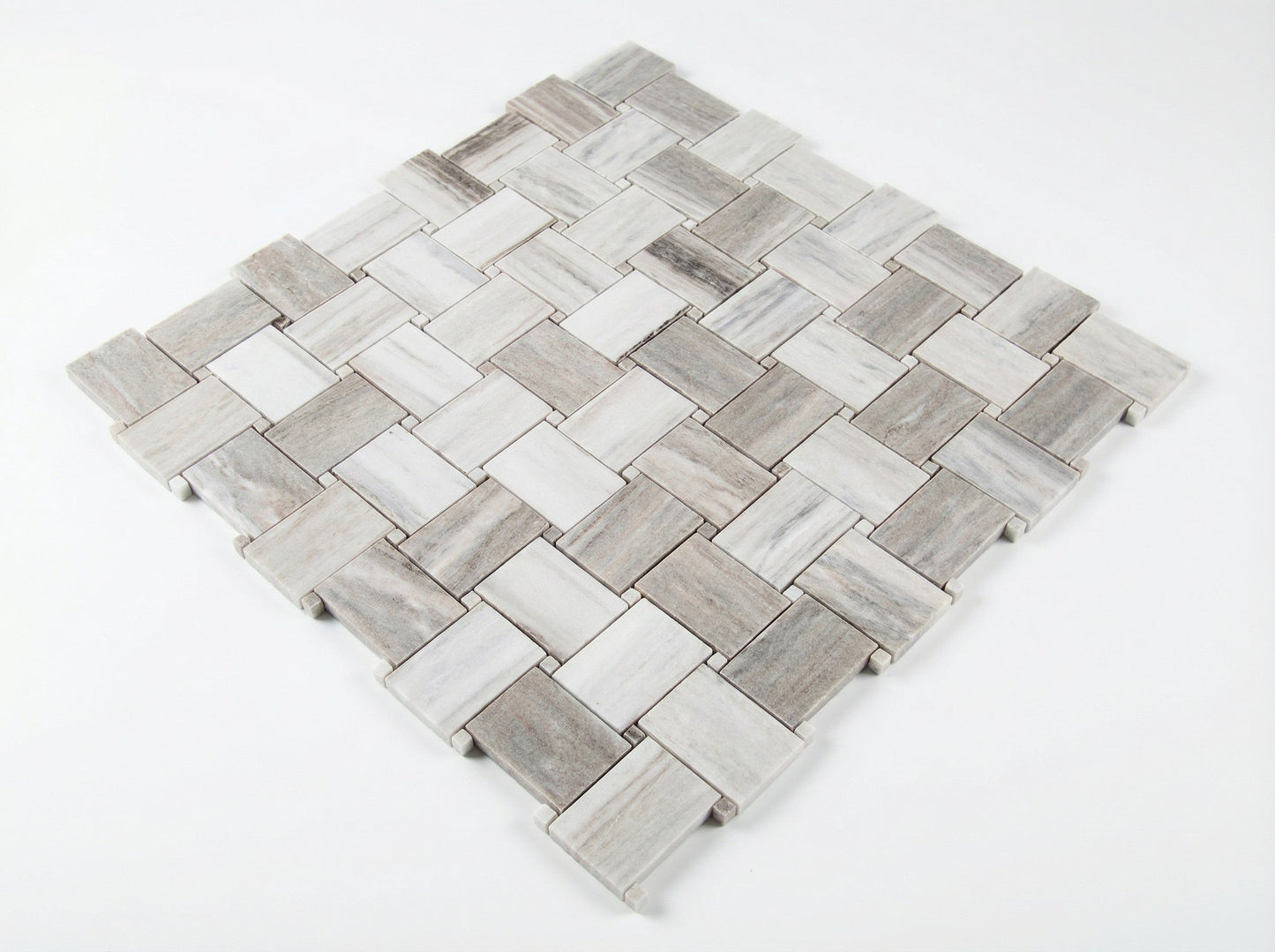 Mosaic tile pattern with gray and white tiles on a white background Palissandro Marble Big Basketweave Honed on 12" x 12" Mesh Mosaic Tile