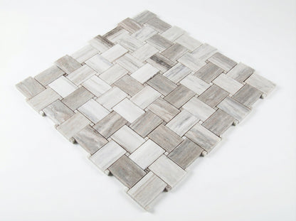 Mosaic tile pattern with gray and white tiles on a white background Palissandro Marble Big Basketweave Honed on 12" x 12" Mesh Mosaic Tile