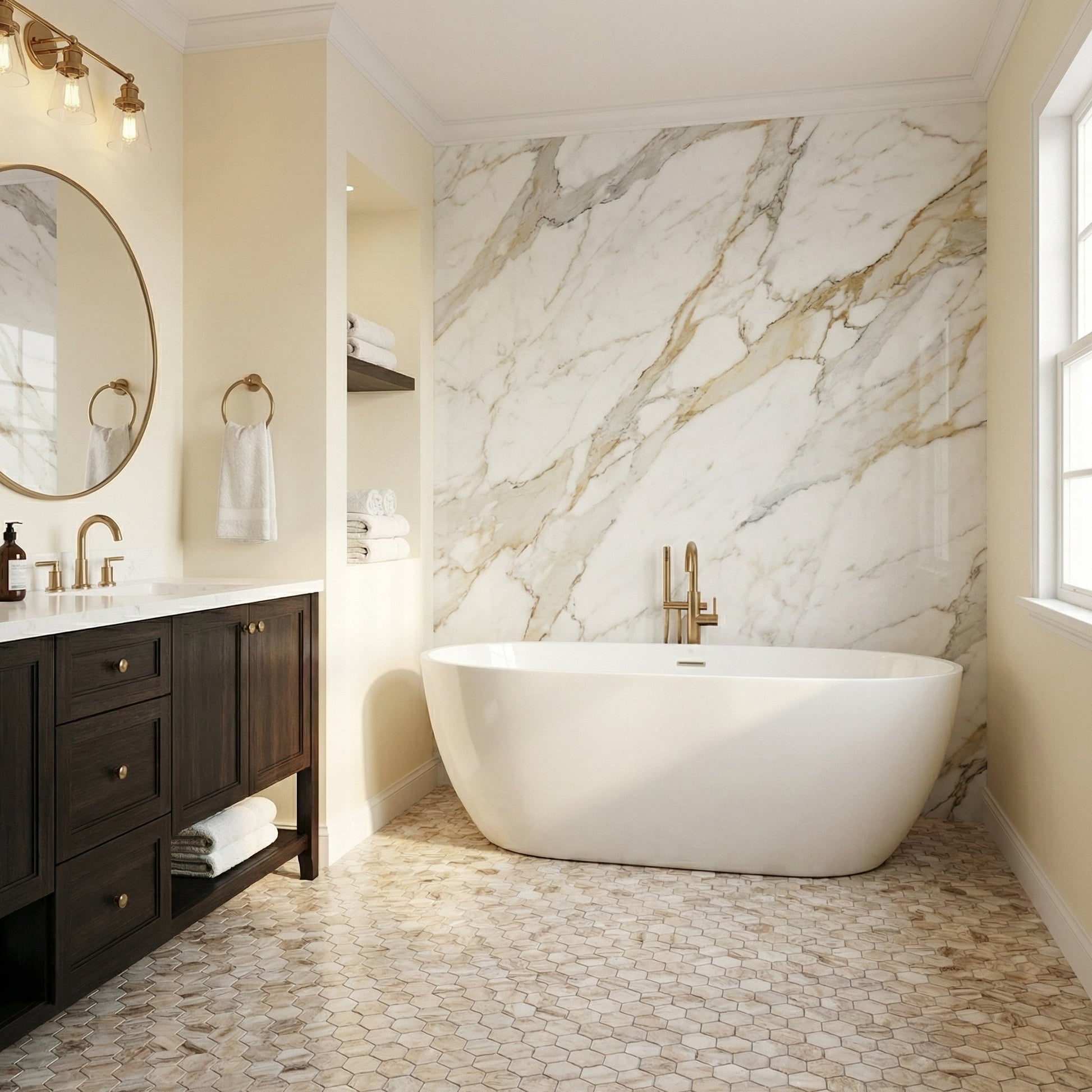 Modern bathroom with marble wall, freestanding bathtub, and wooden vanity. Palissandro Marble 2" Hexagon Polished on 12" x 12" Mesh Mosaic Tile