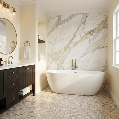 Modern bathroom with marble wall, freestanding bathtub, and wooden vanity. Palissandro Marble 2" Hexagon Polished on 12" x 12" Mesh Mosaic Tile