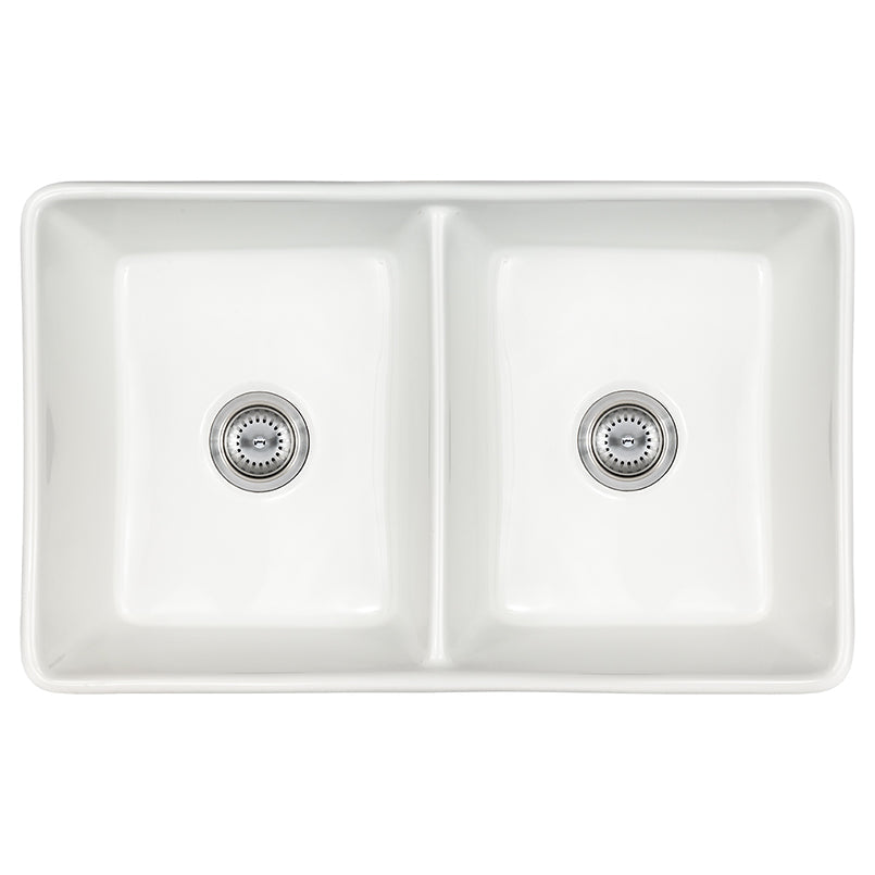 porcelain fire clay white dpuble bowl farmhouse sink SIN POR UDBWH5050 3220FSAF top view