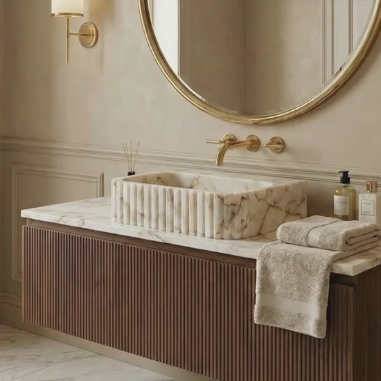 Calacatta Gold Marble Wall-mount Bathroom Vanity Sink Fluted (W)16" (L)20" (H)6"