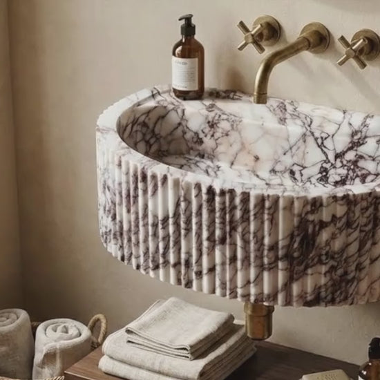 Calacatta Viola Marble Wall-Mount Fluted Half-Round Bathroom Sink (W)16" (L)24" (H)8"