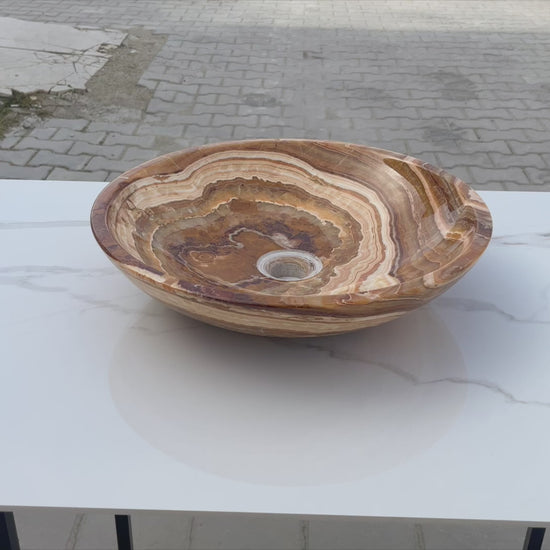 Brown onyx translucent natural stone vessel sink polished d16 h4 SKU EGEBOXPF164 360 view